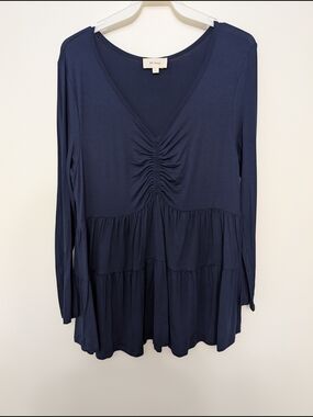 BE Stage Navy Blue Women's Babydoll Tunic, empire waist, multi-tiered Top Sz L